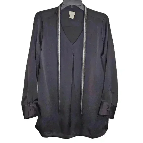 Chico's Damen Black Satin Metallic Bead Tie Front Neck Crinkle Tunic Size 1 (S) - Picture 7 of 14